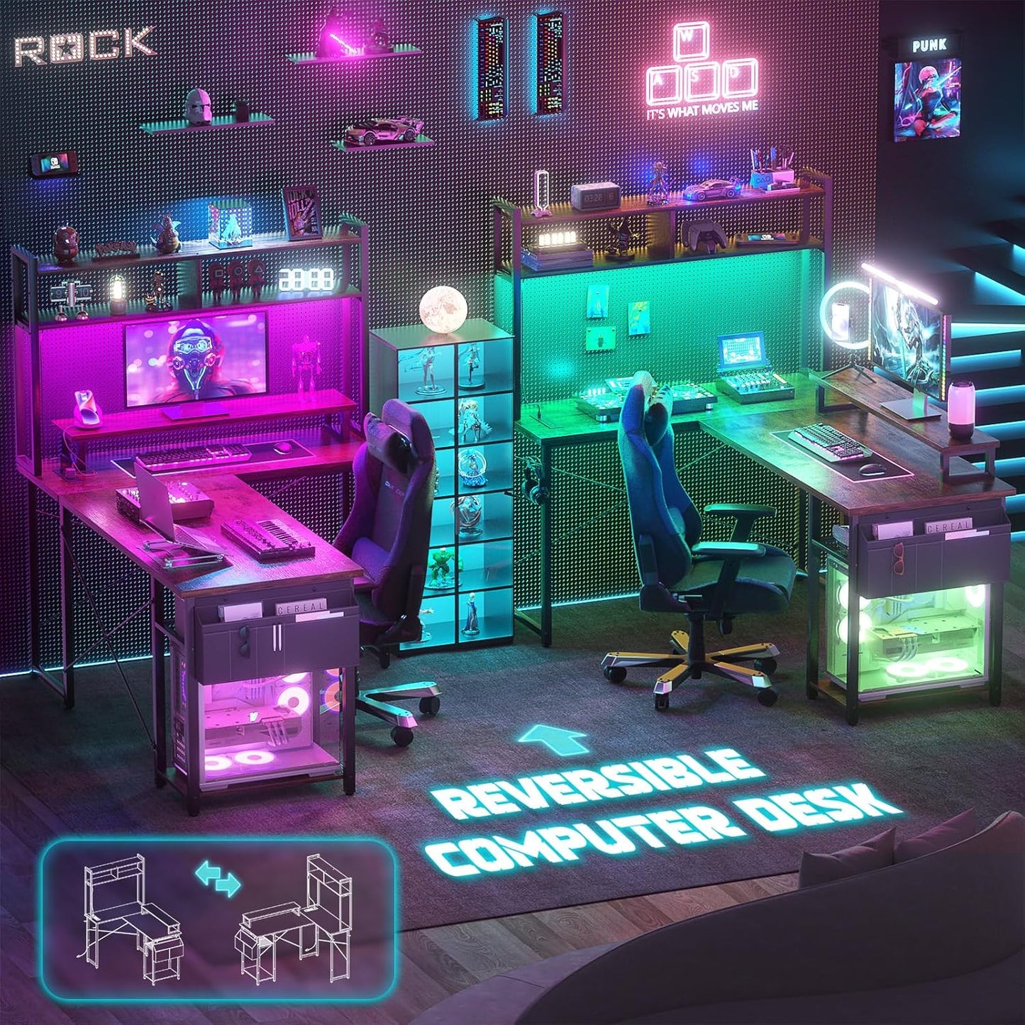 Small L Shaped Gaming Desk with LED Lights & Power Outlets, Reversible L-Shaped Computer Desk with Monitor Stand & Storage Shelf, Corner Desks Home Office Desk with Storage Bag, Rustic Brown