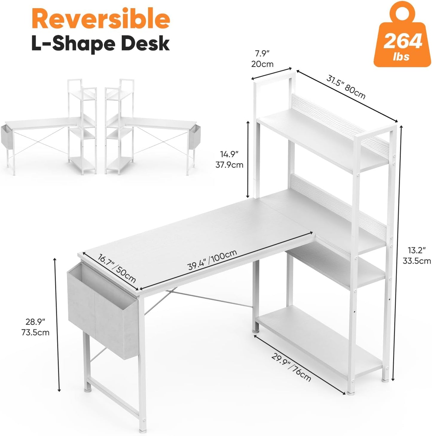 L Shaped Desk Corner Computer Table 47 Inch, L-Shaped Gaming Desks with Storage Shelf Reversible, Wood Tables with Side Bag Adjustable Feet for 2 Monitors Small Space Home Office Bedroom, White