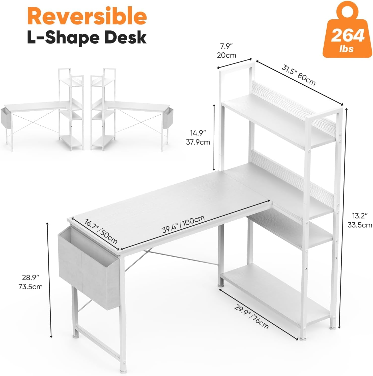 L Shaped Desk Corner Computer Table 47 Inch, L-Shaped Gaming Desks with Storage Shelf Reversible, Wood Tables with Side Bag Adjustable Feet for 2 Monitors Small Space Home Office Bedroom, White