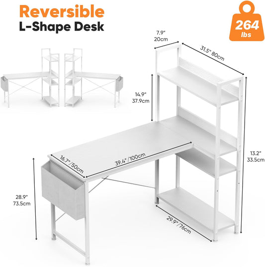 L Shaped Desk Corner Computer Table 47 Inch, L-Shaped Gaming Desks with Storage Shelf Reversible, Wood Tables with Side Bag Adjustable Feet for 2 Monitors Small Space Home Office Bedroom, White