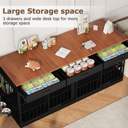 78.7" Extra Large Dog Crate Furniture, Double Dog Kennel with 3 Storage Drawers for 1 or 2 Dogs Heavy Duty Dog Cage as TV Stand with Removable Divider&360°Rotating Steel Bowls for Large Dogs