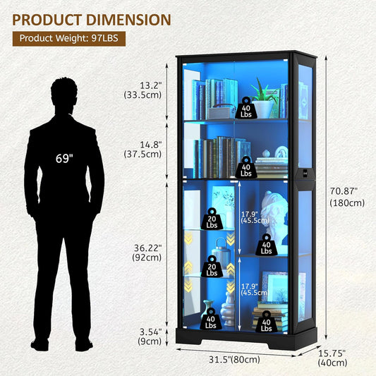 71” Display Cabinet with Glass Doors, Modern Curio Cabinet with 3 Color Lights, 7-Tiers Glass Display Cases for Collectibles, Tall Lego Storage Cabinet with Human Body Sensor (Black)