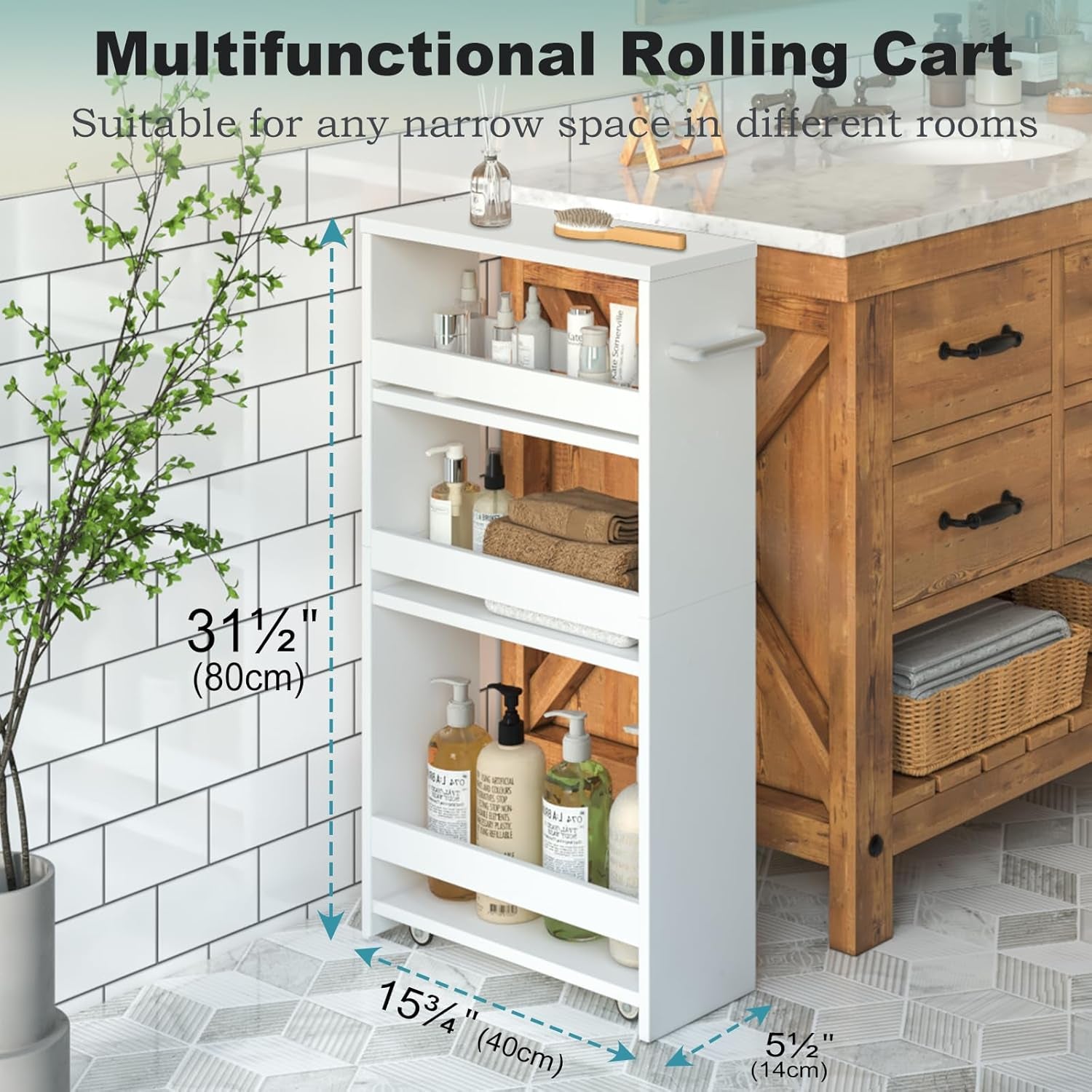 White Slim Storage Cart with Wheels, 4 Tier Rolling Utility Cart with Handle Slide Out Shelving Unit Organizer Trolley for Laundry Kitchen Bathroom Narrow Places Small Corner