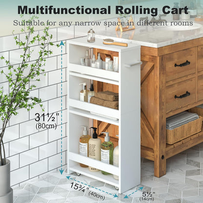 White Slim Storage Cart with Wheels, 4 Tier Rolling Utility Cart with Handle Slide Out Shelving Unit Organizer Trolley for Laundry Kitchen Bathroom Narrow Places Small Corner