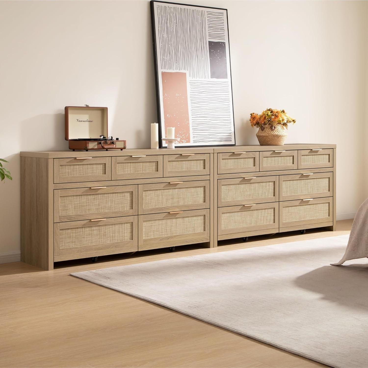 7 Drawer Dresser for Bedroom, 57" Wide Rattan Dressers, Large Chest of Drawers for Bedroom, Dresser TV Stand, Boho Closet Organizer (Reclaimed Light Oak, 7 Drawers (1 Pc))