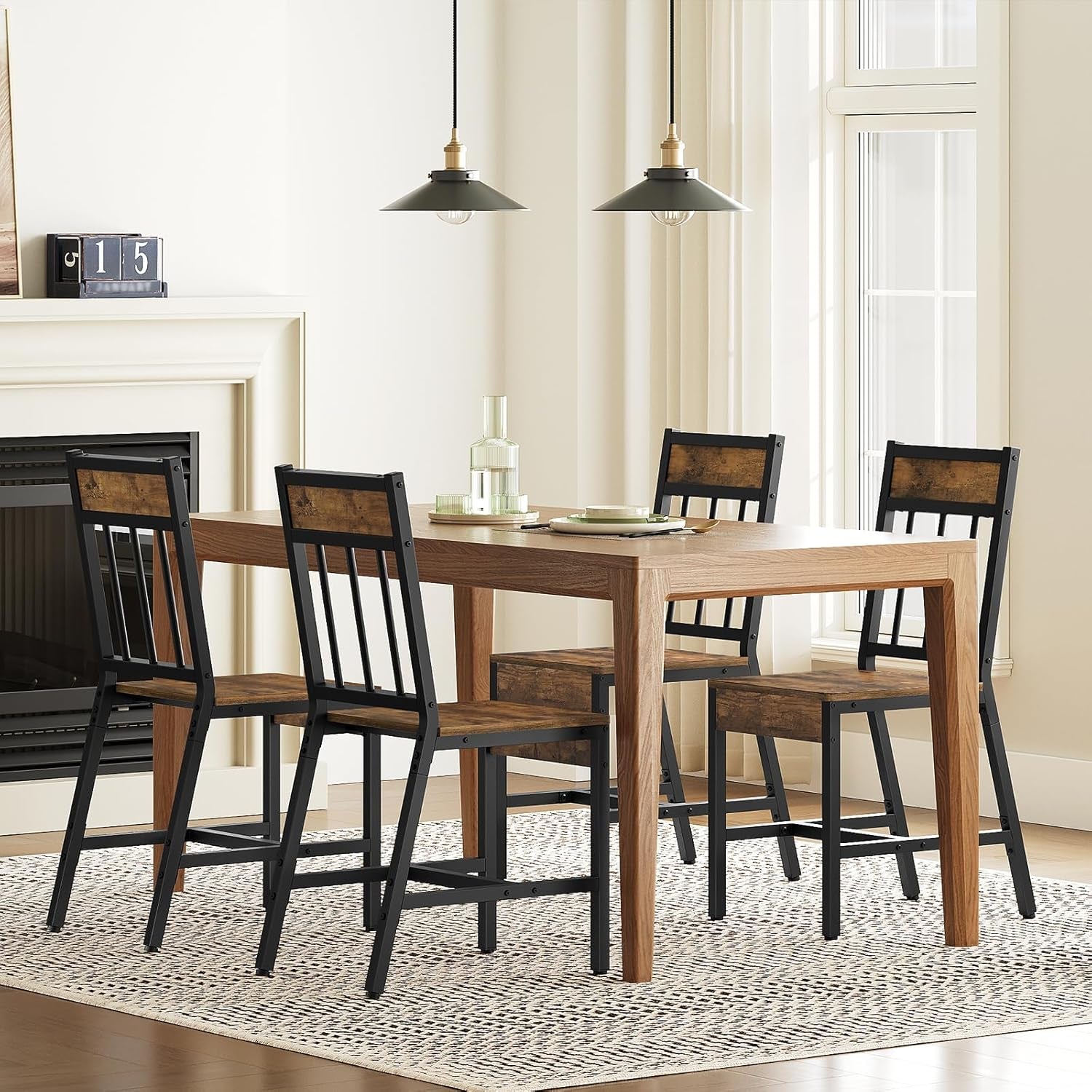 Dining Chairs Set of 4, Industrial Kitchen Chairs with Metal Frame, Slanted Back, Wooden Dining Chair Set, for Kitchen, Living Room, Rustic Brown and Black CY03L4BR