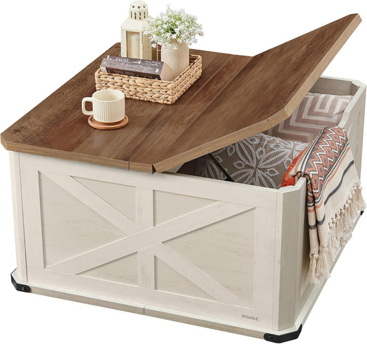 Farmhouse Coffee Table with Storage, Square Coffee Table for Living Room, Center Table with Flip-Top Lids, Honey Brown and Rustic White ULCT232W73