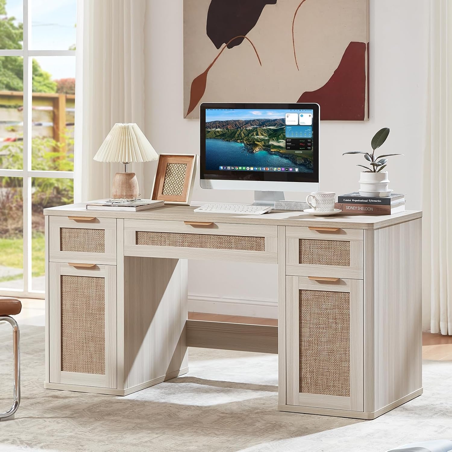 56'' Rattan Farmhouse Executive Desk with Drawers, Wood Home Office Desk with File Cabinet and Metal Handles, Large Vintage Computer Desk for Home, Bedroom, Living Room （Grey）