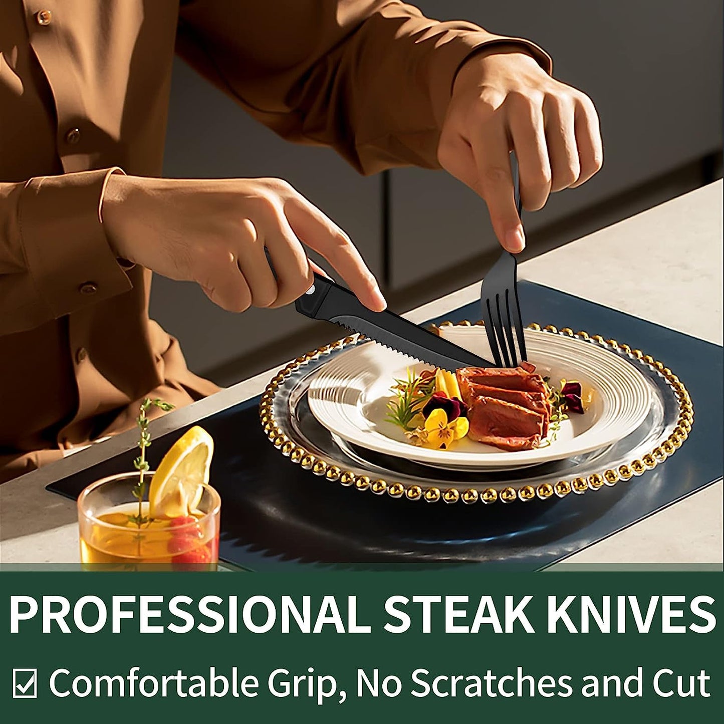 24-Piece Black Silverware Set with Steak Knives, Flatware for 4, Food-Grade Stainless Steel Tableware Cutlery Set, Mirror Finished Utensil Sets Home Restaurant