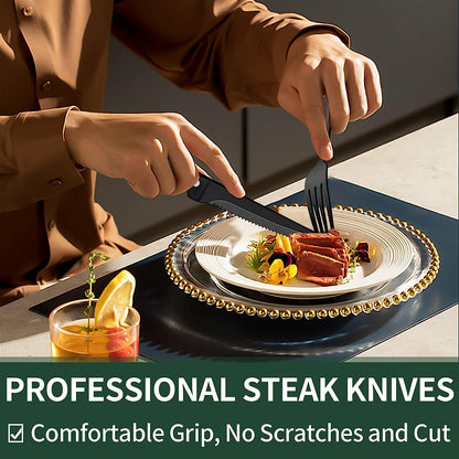 24-Piece Black Silverware Set with Steak Knives, Flatware for 4, Food-Grade Stainless Steel Tableware Cutlery Set, Mirror Finished Utensil Sets Home Restaurant