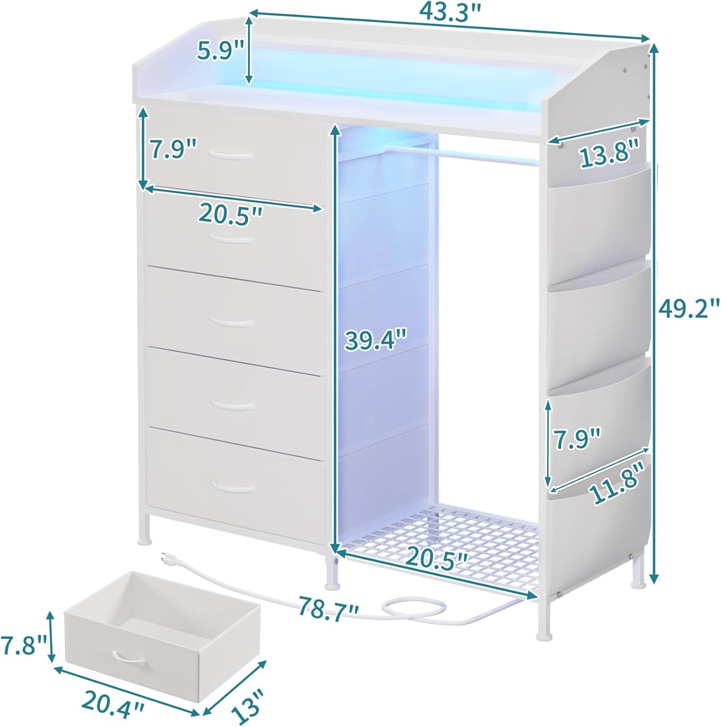 Modern 5 Dresser with LED Hanging Rack, Dresser with Clothes Rack, Hanger Rack, and Storage Drawers, Drawer Dressers with Coat Racks for Bedroom Living Room, Entryway, Closets (White)