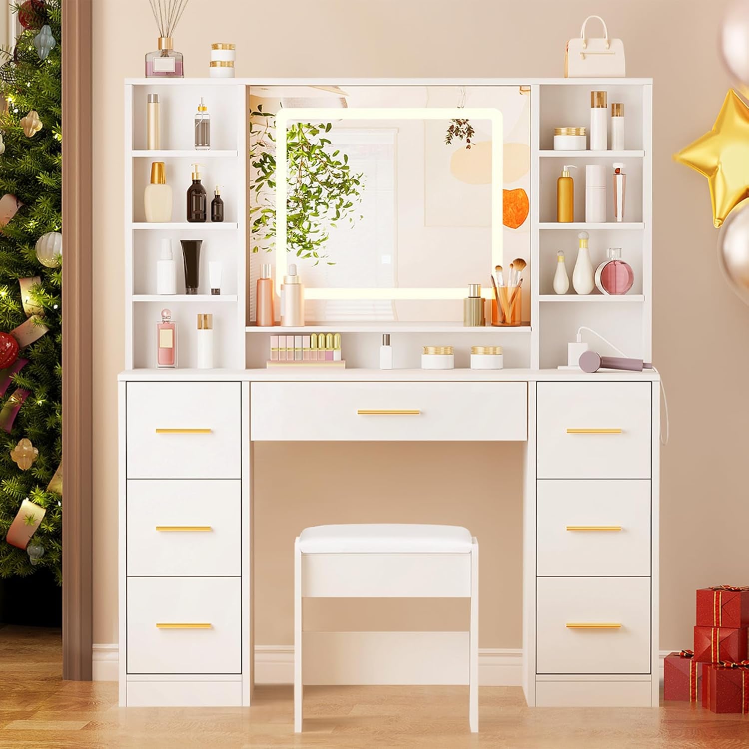 Vanity Desk Table with Lighted Mirror 39.4“ Girls Makeup Vanity with Power Outlet 3 Colors Lighting Adjustable Brightness Vanity Table for Women Bedroom Dressing Room White UBDT65W