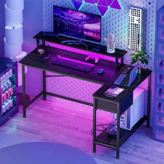 Gaming Desk for Bedroom L Shaped Small Corner Computer Desk with Power Outlets and LED Lights, PC Desk, Home Office Desks with Drawer, Writing Desk Study Desk, Black