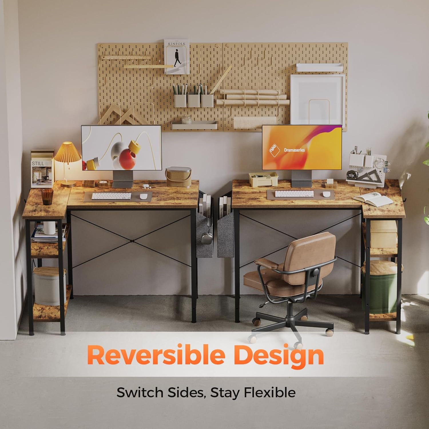 Small L Shaped Computer Desk with Power Outlets, Gaming Desk for Small Spaces, Corner Desk with Reversible Storage Shelves, Study Writing Table for Home Office