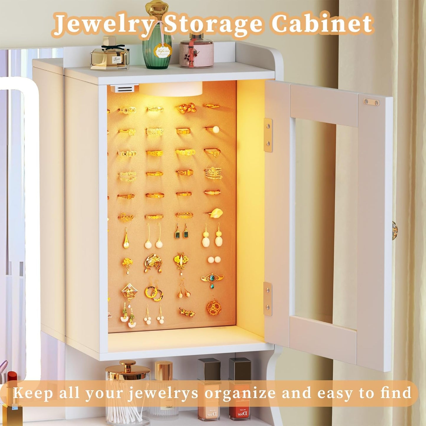 Vanity Desk with Mirror & Lights, 42‘’ Large Makeup Vanity with 2 RGB Jewelry Cabinets & 7 Drawers, White Vanity Table Set with Charging Station, Dressing Table with Lights Desk, 3 Light Modes