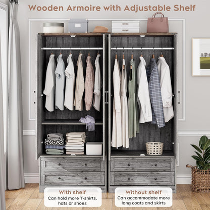 Armoire Wardrobe Closet with 2 Modern Doors, 71" Tall Freestanding Closet Wardrobe Cabinet with Drawers and Hanging Rail, Light Wooden Storage Cabinet with Shelve for Bedroom (Grey, 2 Doors)