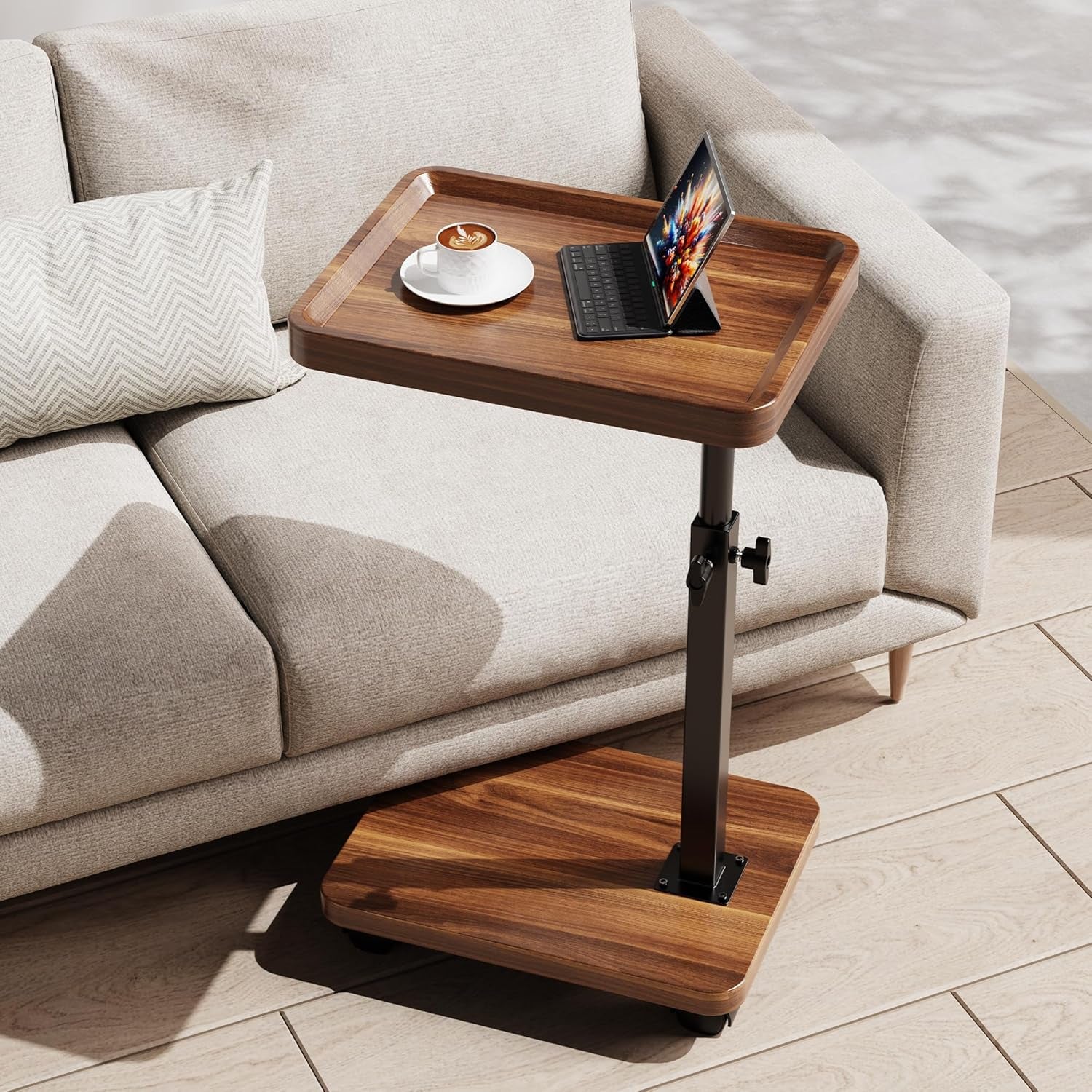 C Table End Table Adjustable Height, 360°Swivel TV Tray Table for Small Spaces, Side Tables with Wheels for Living Room and Bedroom, Bed (Walnut) | Adjustable Height, 360°Swivel, for Small Spaces, Couch Tables, That Slide Under, with Wheels