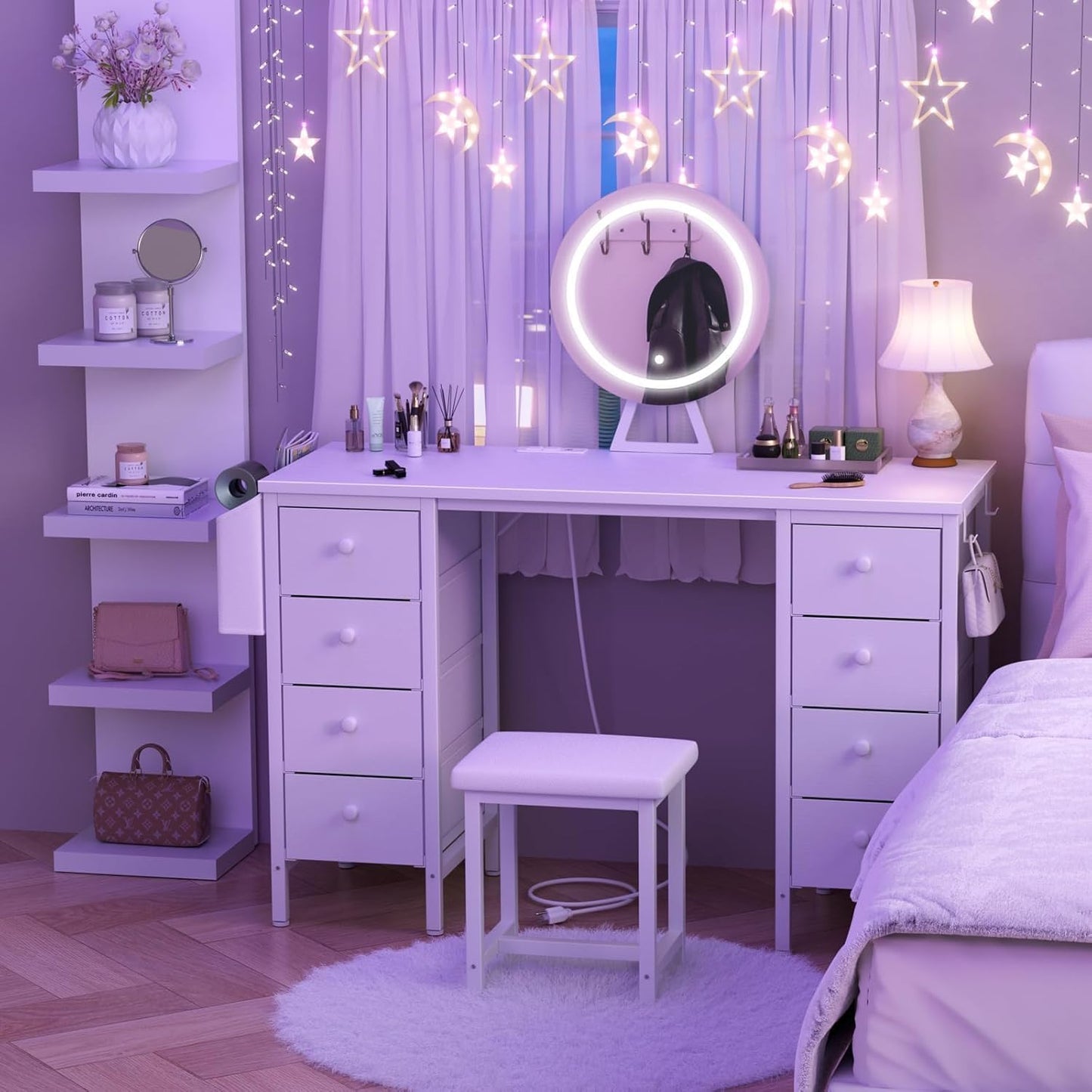 White Vanity Desk with Mirror and Light- Makeup Vanity Set Table with Chair, Storage, Lighted Mirror, 8 Large Fabric Drawers & Power Outlet, Dressing Table Vanities for Girls Bedroom
