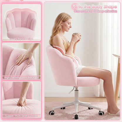 Office Vanity Chair with Wheels, Comfy Desk Chair with Back, Armless Home Office Desk Chair Hight Adjustable & 360° Swivel, Makeup Task Chair for Bedroom, Study Room, Blush Pink