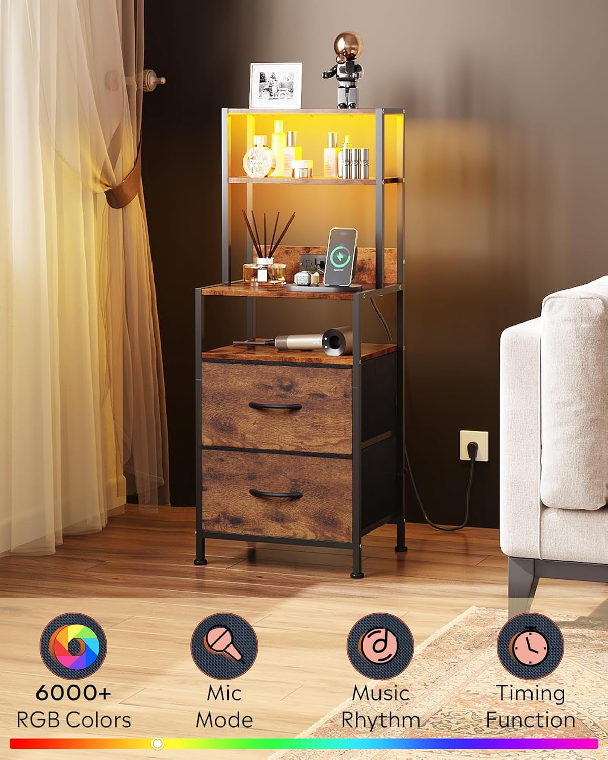 Nightstand with Charging Station, LED Night Stand with 2 Drawers and 4 Storage Open Shelves, Fabric Dresser for Bedroom, Rustic Brown