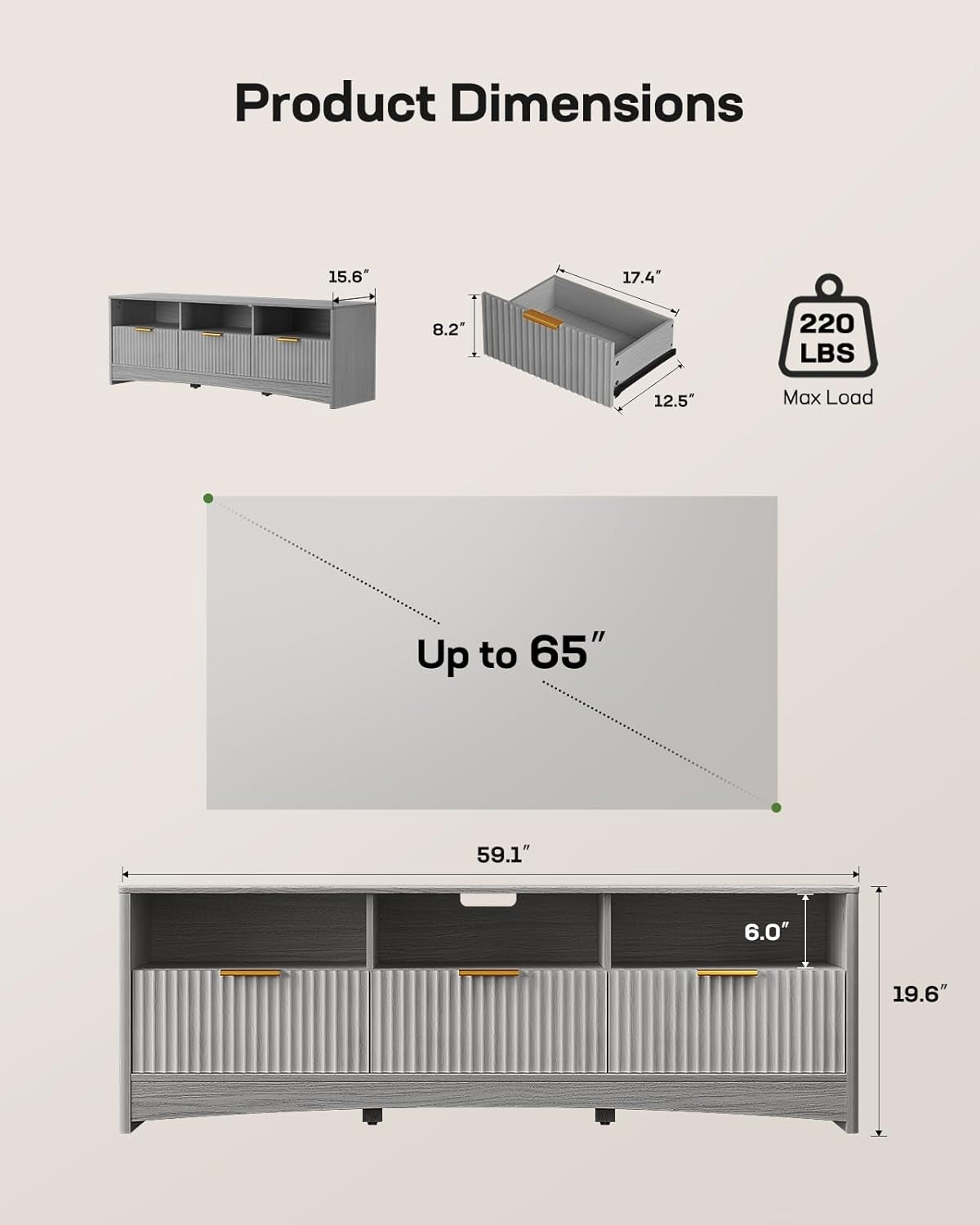 59″ Wide TV Stand for Tvs up to 65″, Modern Entertainment Center with Fluted Panels, 3 Easy-Sliding Drawers, Open Shelves & Cable Hole, Sturdy 3-Tier TV Stands for Living Room & Bedroom, Grey