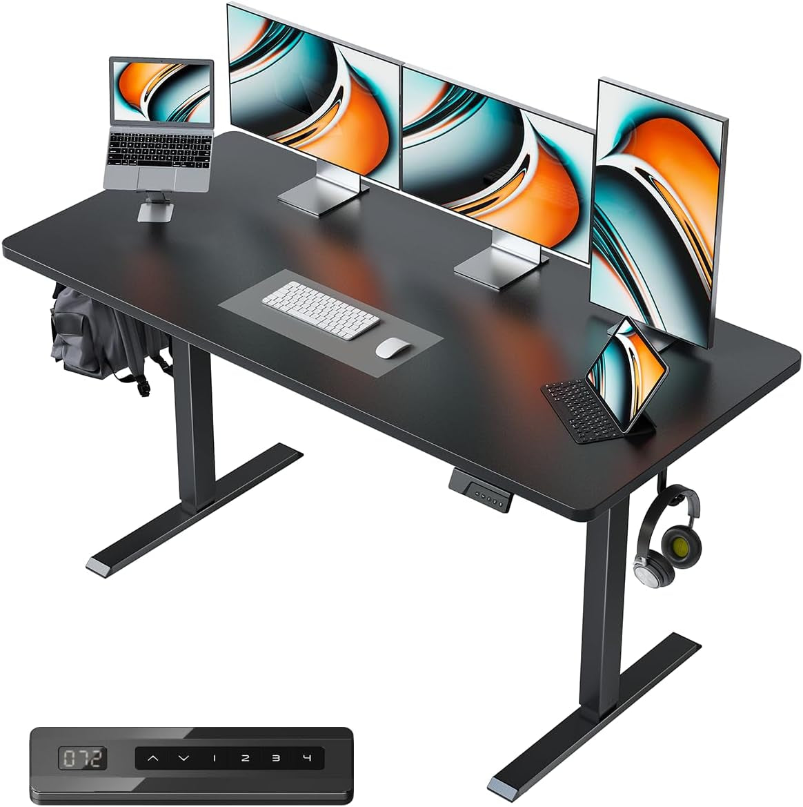 55 X 24 Large One-Piece Standing Desk, Adjustable Height Electric Computer Home Office Sit Stand up Workstation, with 4 Memory Presets, Headphone Hook, Black