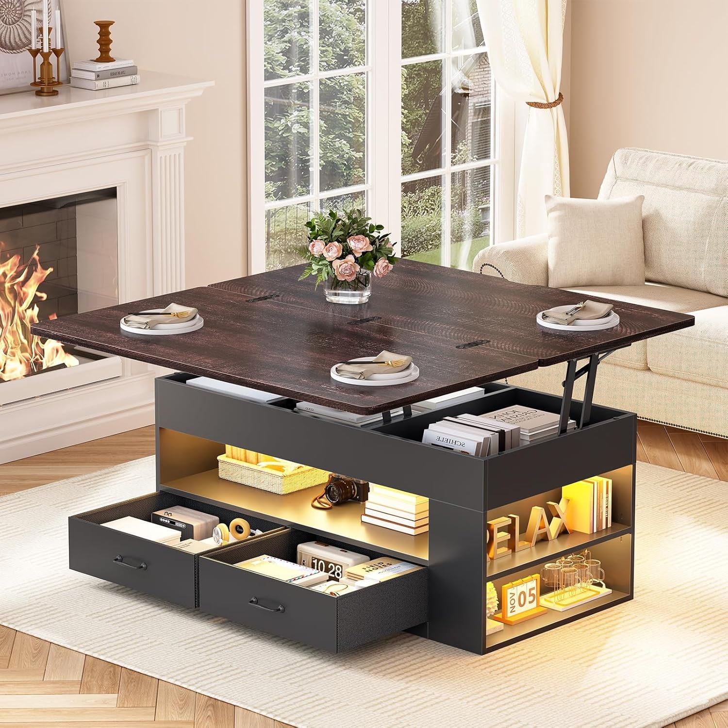 Lift Top Coffee Table, 4 in 1 Coffee Tables with Storage and Hidden Compartment, Farmhouse Coffee Table with 2 Fabric Drawers & LED Light for Living Room, Black