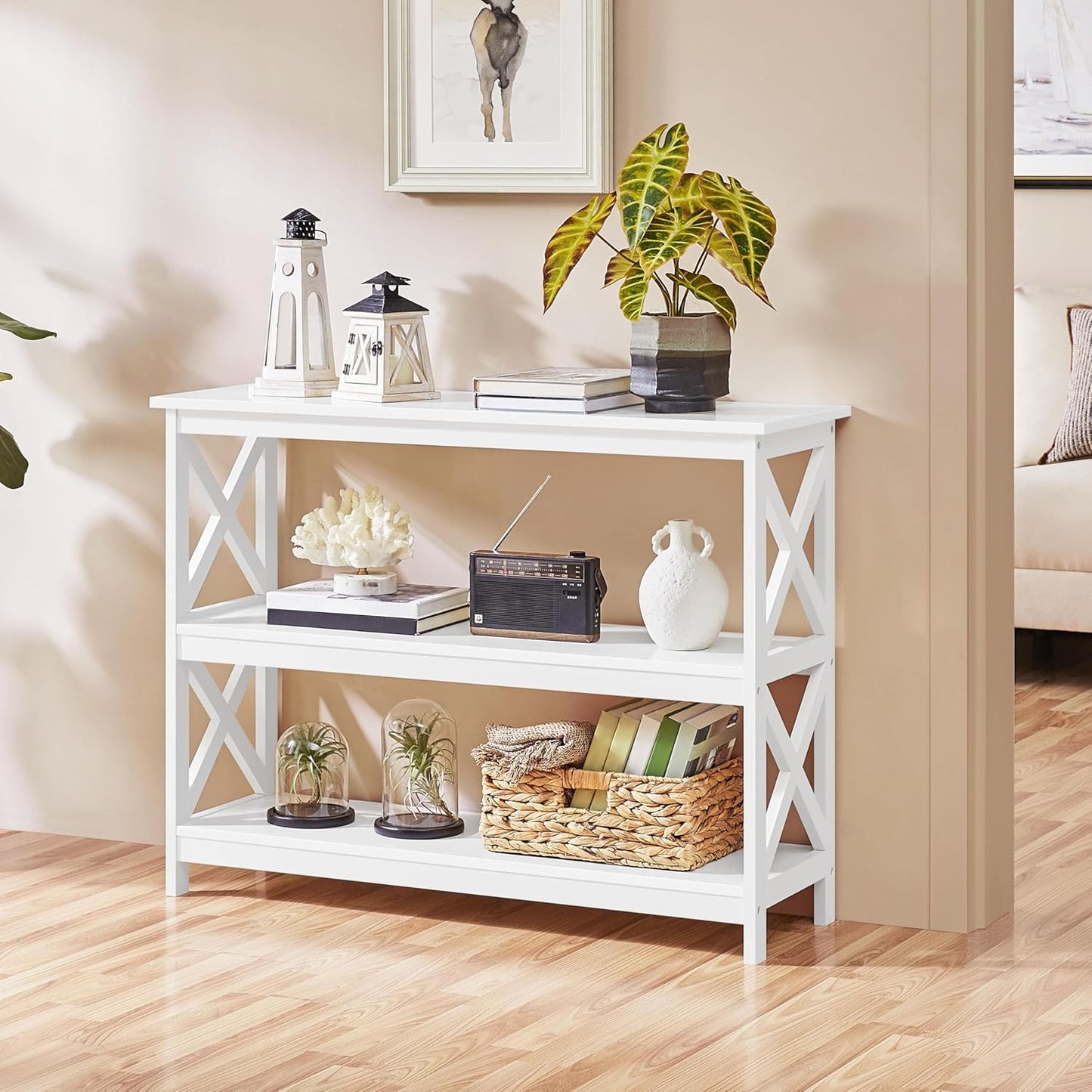Console Table with 3 Storage Shelves, Entryway Table Sofa Side Table Narrow Long Bookshelf for Hallway Living Room, Accent Furniture, White | Bookshelf, for Hallway, for Living Room, Accent Furniture
