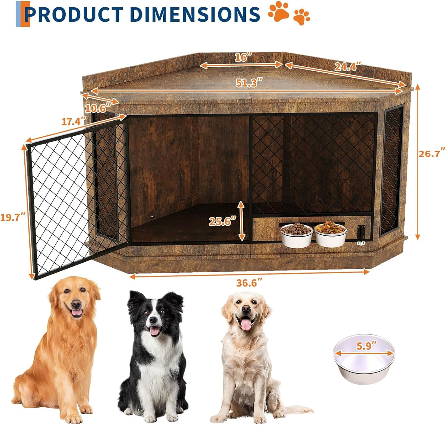 51.3" Corner Dog Crate Furniture with 360° Rotating Feeder, Decorative Dog Crates Dog Cage TV Stand Wooden Dog Kennel End Table for Small Medium Big Dog