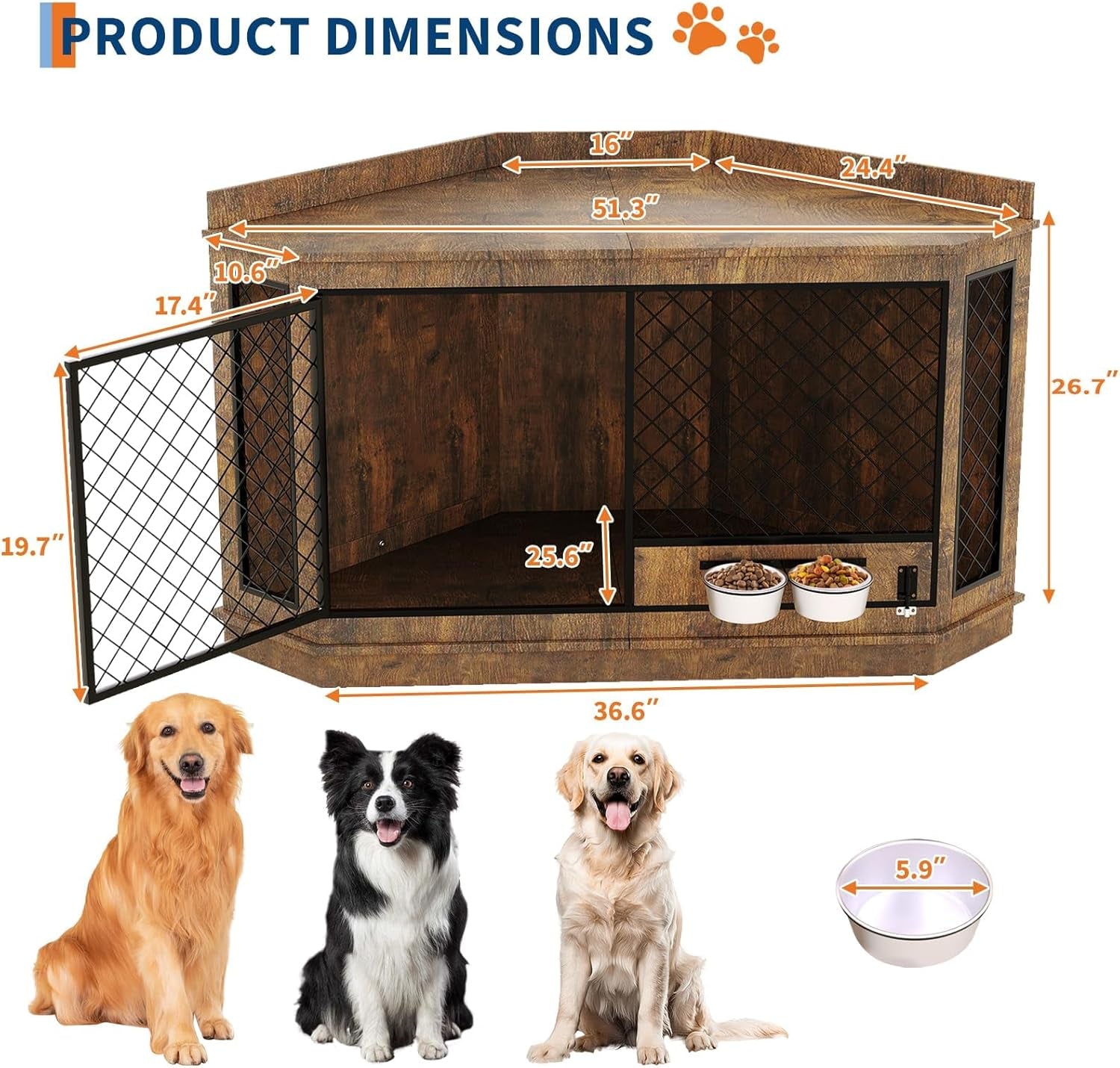 51.3" Corner Dog Crate Furniture with 360° Rotating Feeder, Decorative Dog Crates Dog Cage TV Stand Wooden Dog Kennel End Table for Small Medium Big Dog
