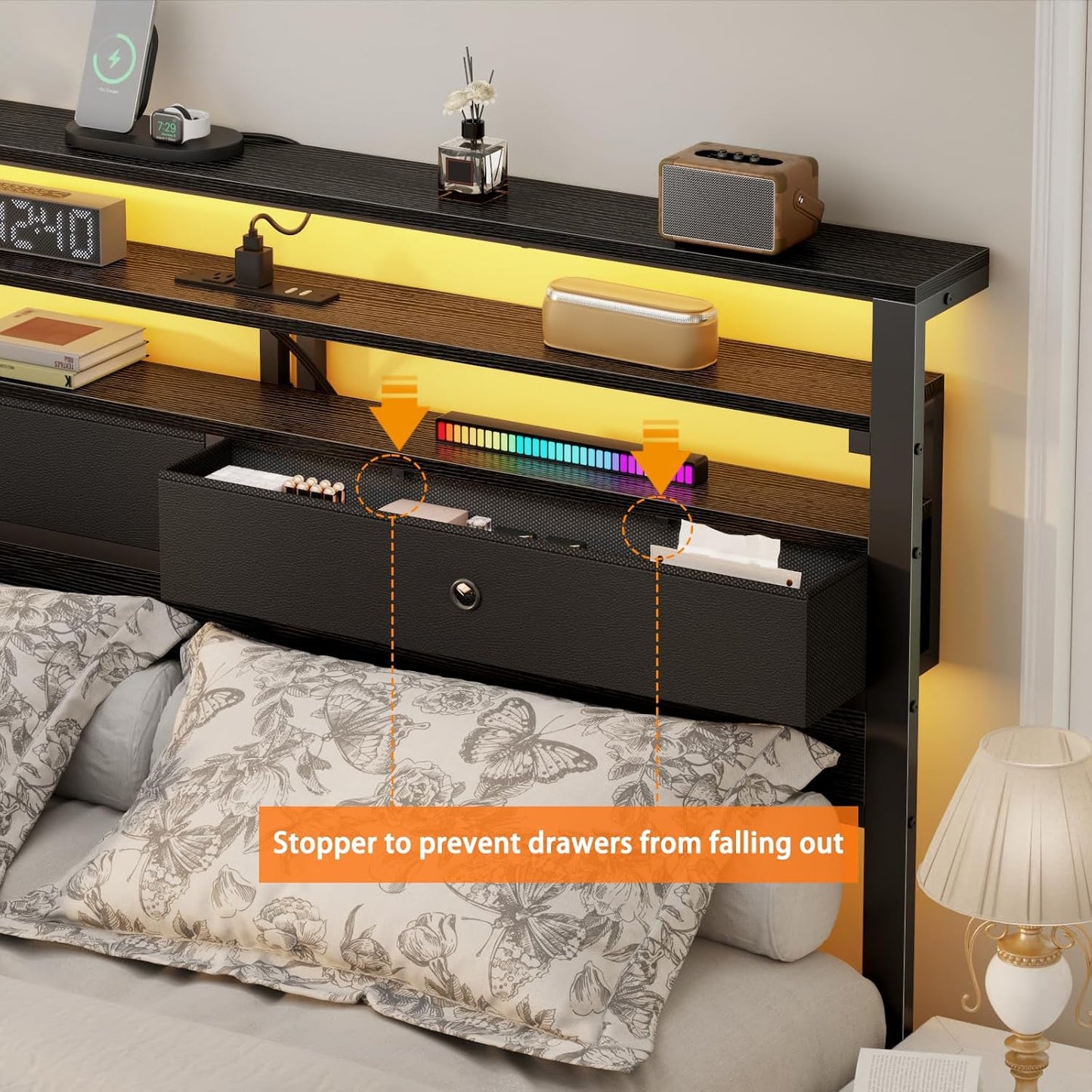 Full Size Bed Frame with Headboard & 2 Fabric Drawers, Full Platform Bed Featuring LED Lights, Built-In Charging Station & Storage Shelves, Metal Slats, No Box Spring Needed – Black Oak
