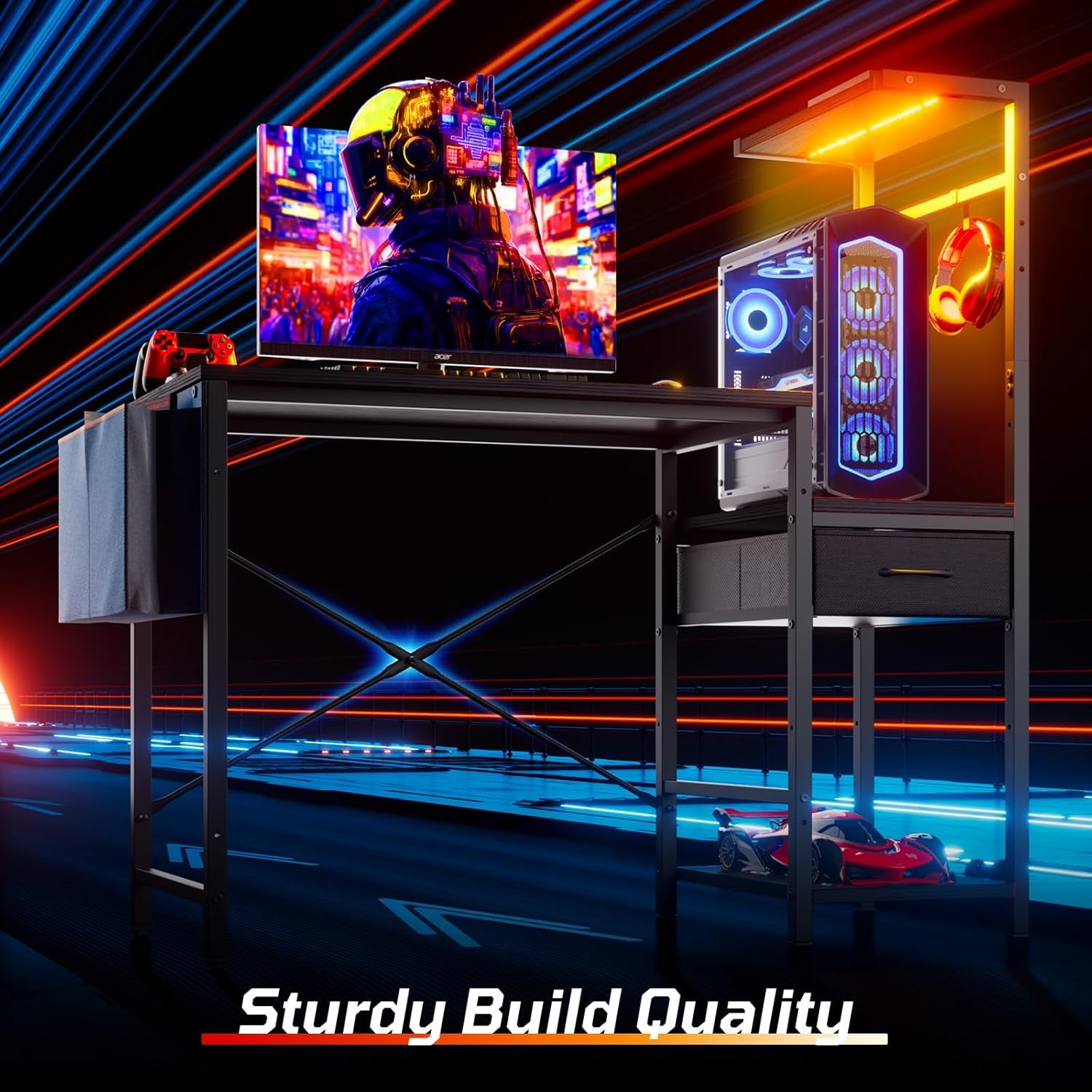 44 Inch Gaming Desk for Small Spaces, Reversible Computer Desk with Drawers & Shelves, Modern Gamer Desk Table with Side Bag & Headphone Hook for Home Office, Black