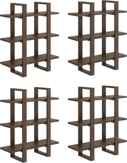 Floating Wall Book Shelves, 3-Tier Display Shelf, Decorative Modular Shelf in Solid Wood for Bedroom, Nursery, Bathroom or Kitchen, Set of 4