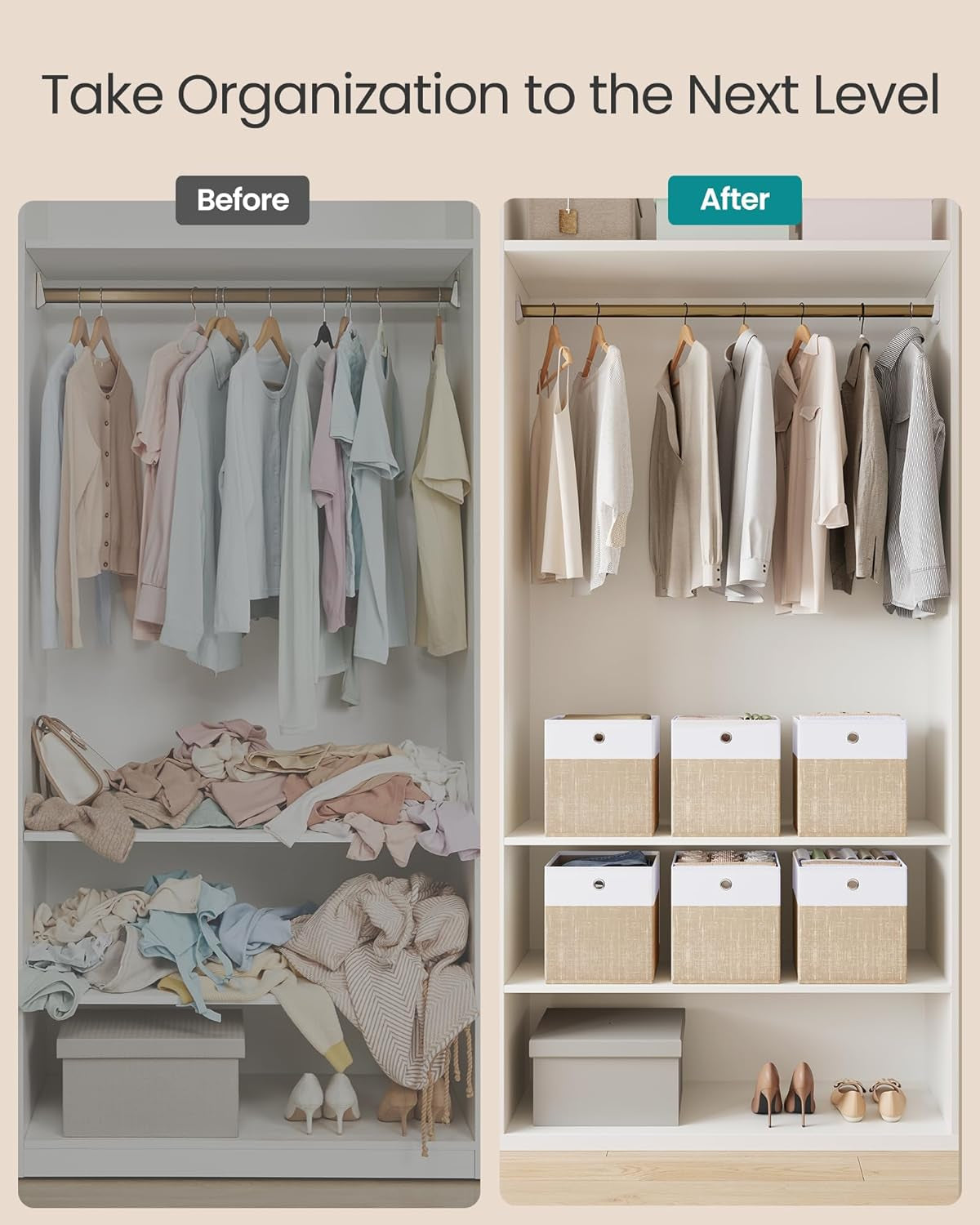 Storage Cubes, Set of 6 Foldable Fabric Storage Boxes, Cube Organizer Boxes with Handles, for Closet Shelves, Odorless, 10.2 X 10.2 X 11 Inches, Cloud White and Sand Beige URFB426LF02