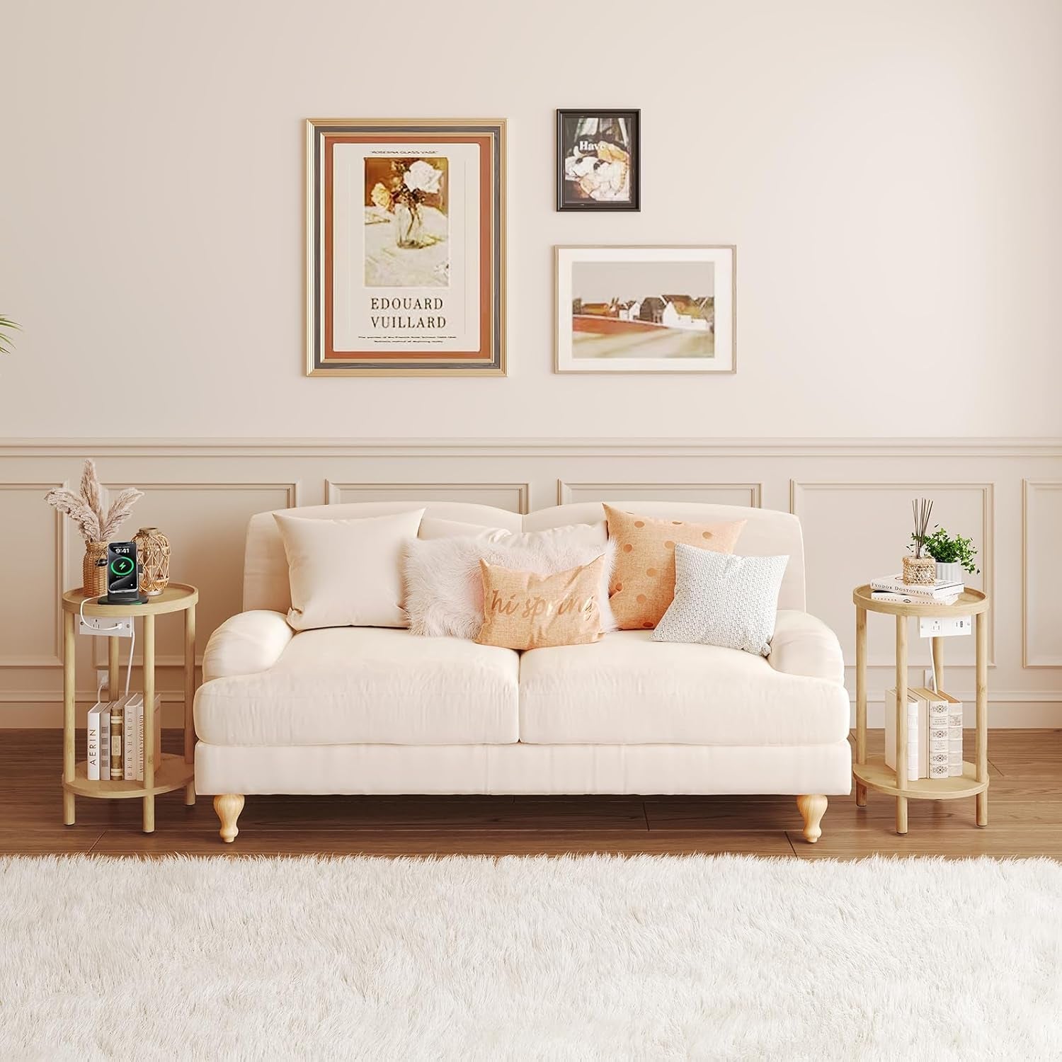 Small round Side Table with Charging Station, 2-Tier round Bamboo End Table, Compact Sofa Bedside Table for Small Space, Easy Assembly, for Living Room, Bedroom, Apartment, Natural YL156UBZ01