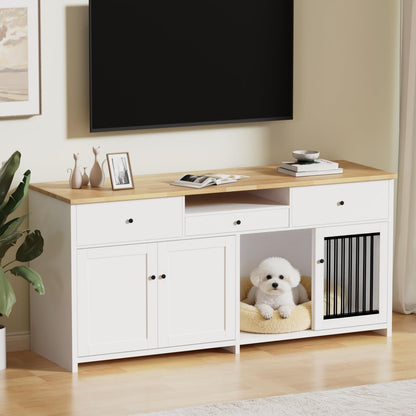 78" Double Door Dog Crate Furniture TV Stand, Heavy Duty Wooden Dog Kennel with 3 Drawers & 2 Cabinets, Extra Large Indoor Dog Cage for Medium/Large Dogs, White
