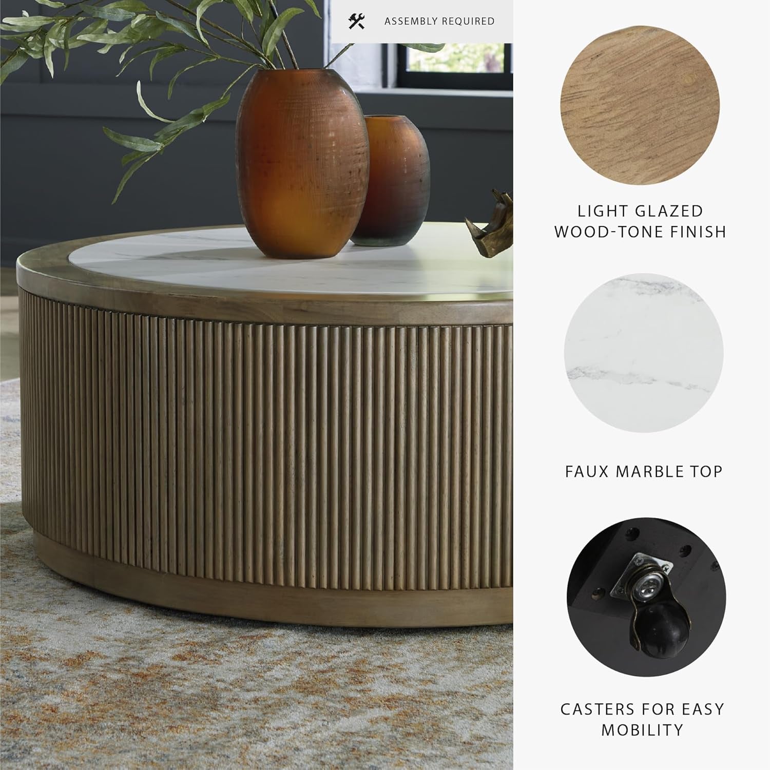 Camdill Casual Coffee Table with Faux Marble Tabletop and Casters, Light Brown & White