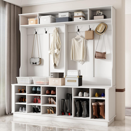 Extra Large Hall Tree with Bench and Shoe Storage, Multi-Purpose Entryway Bench with Coat Rack, Adjustable Shelves, 6 Double Hooks and 21 Open Compartments, White
