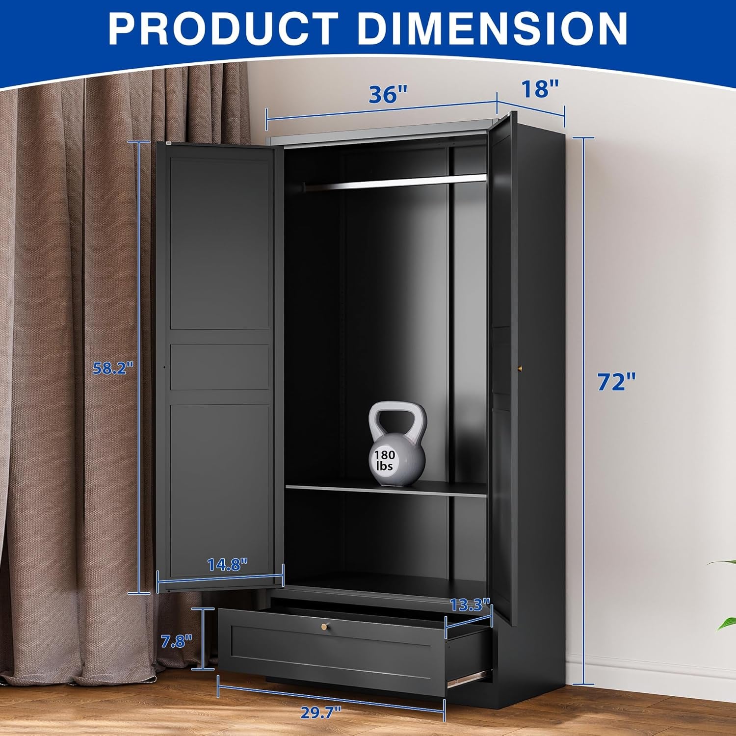 Metal Armoire Wardrobe Closet with 2 Doors 72'' Wardrobe Cabinet with Drawers and Hanging Rail Metal Closet with Adjustable Shelves for Bedroom. (Black, with 1Drawer)
