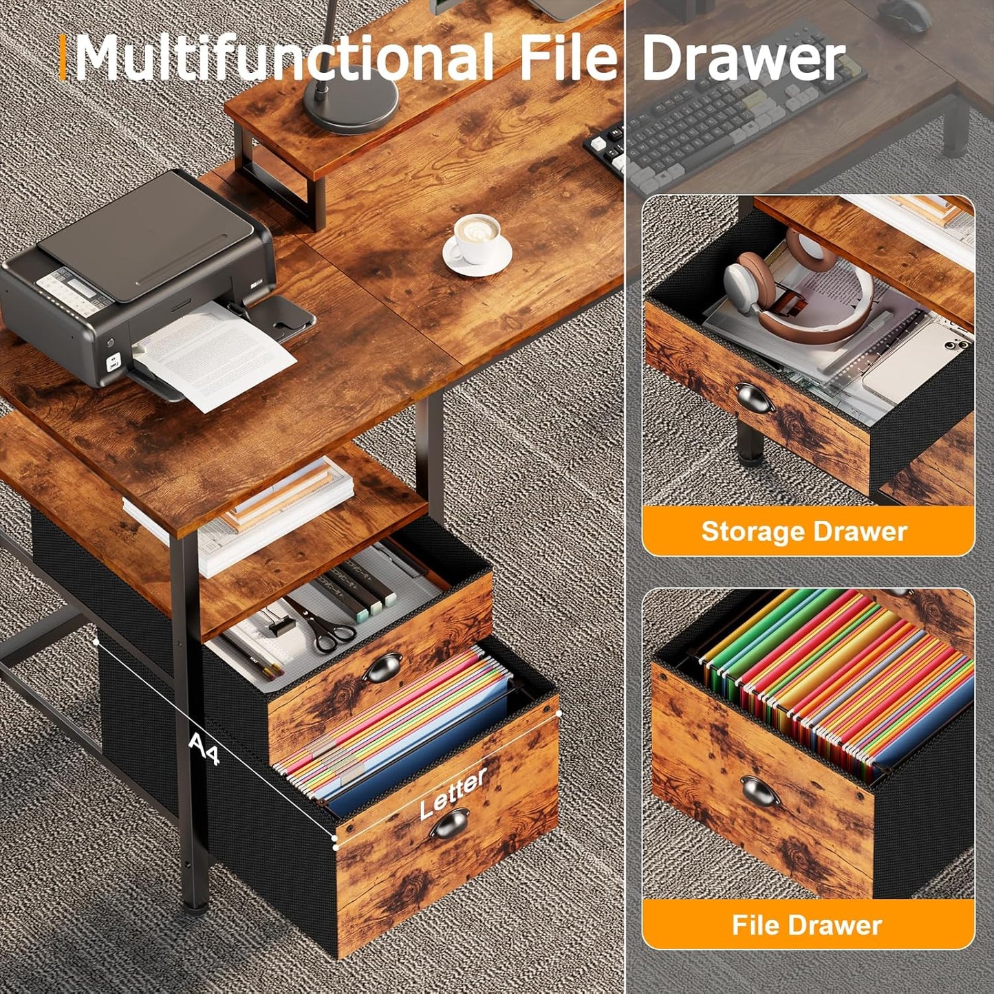 59” L Shaped Desk with Power Outlet, Reversible Computer Desk with File Drawer & 2 Monitor Stands, Corner Home Office Table with Storage Shelves for Gaming Writing, Rustic Brown