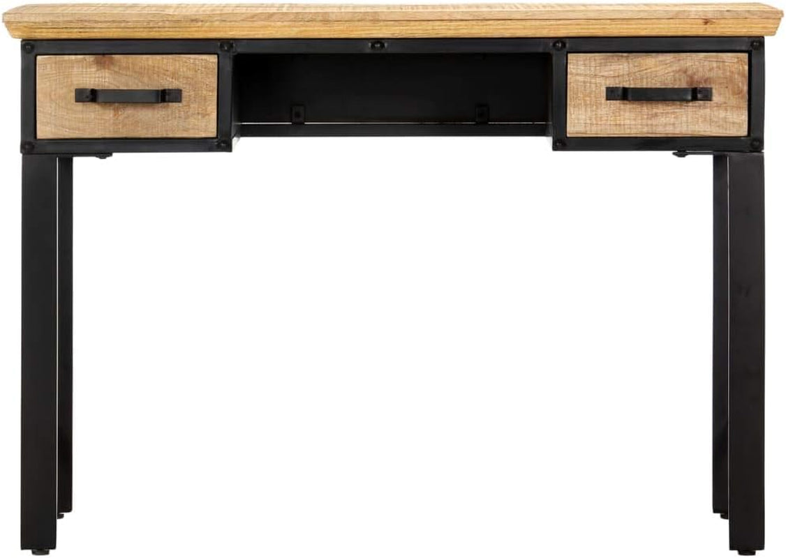 Writing Table Natural and Black Solid Mango Wood, Engineered Wood, 43.3 X 19.7 Inch Computer Desk with 2 Drawers, Home Office Desk