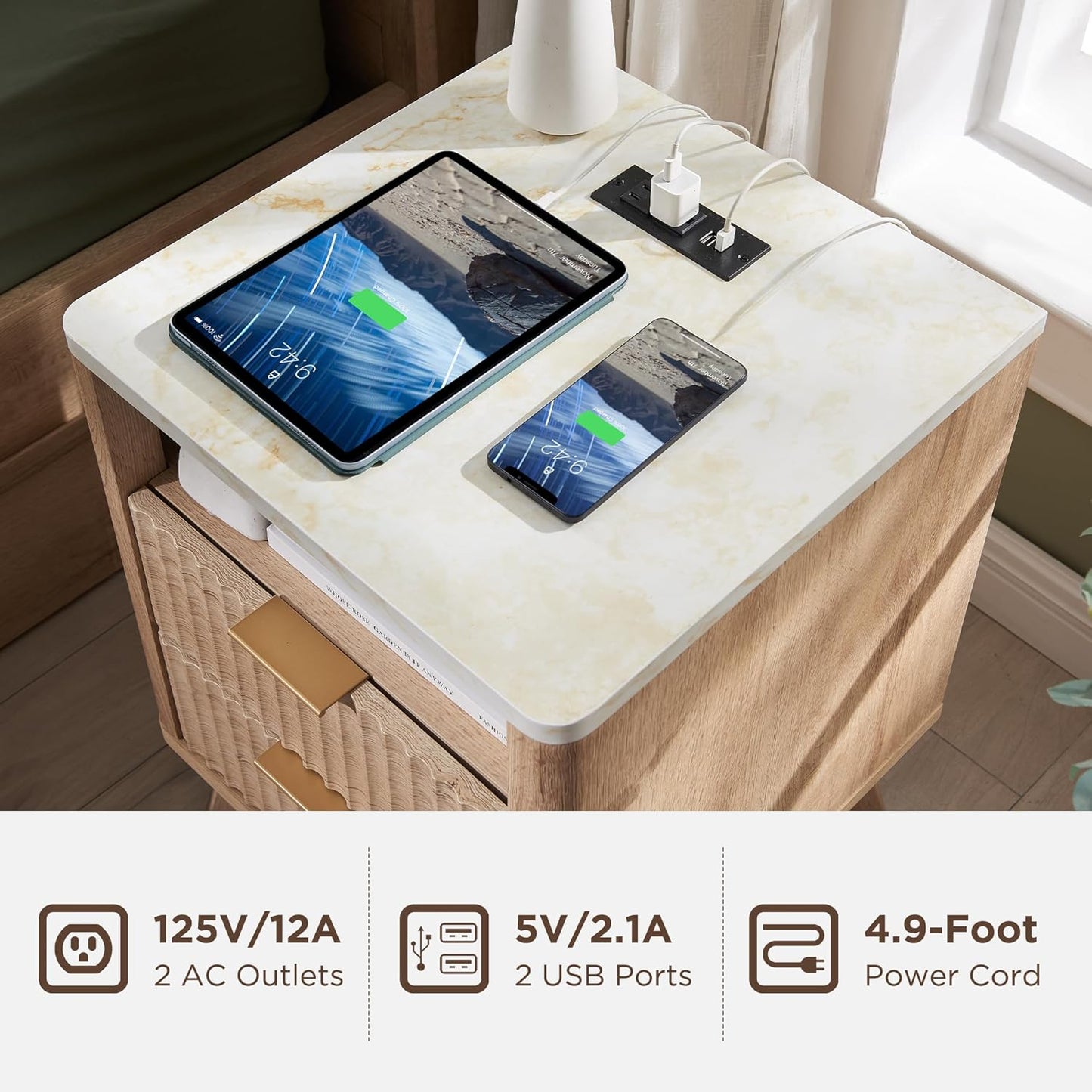 Fluted Nightstand Set of 2 with Charging Station, 18" Modern Side Table with Faux Marble Top, 2 Drawer End Table W/Storage, Bedsidetable for Bedroom, Living Room, Curved Profile, Natural Oak