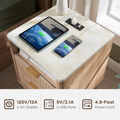 Fluted Nightstand Set of 2 with Charging Station, 18" Modern Side Table with Faux Marble Top, 2 Drawer End Table W/Storage, Bedsidetable for Bedroom, Living Room, Curved Profile, Natural Oak