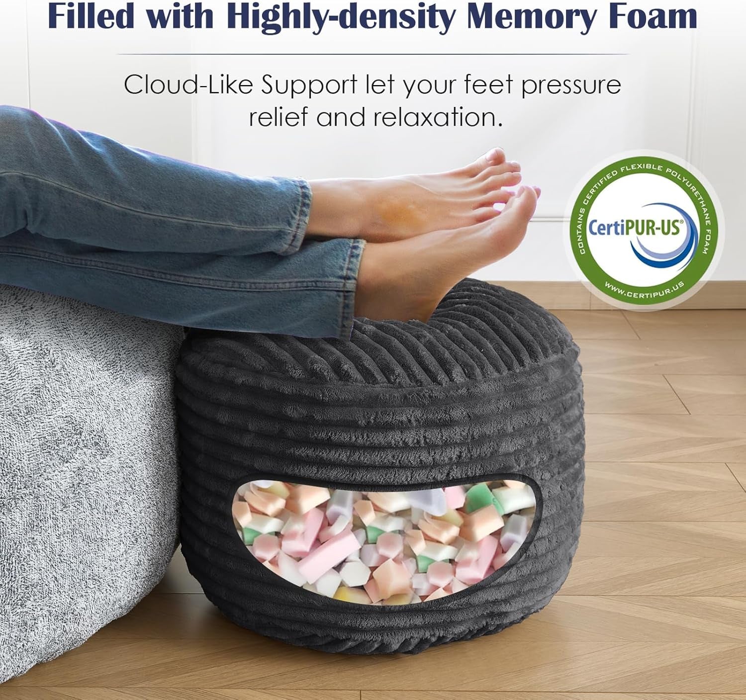 Stuffed round Pouf Ottoman,Corduroy Foot Rest with Shredded Foam Filling, Lightweight and Fluffy Pouf Storage Ottoman for Living Room,Floor Poufs for Couch,20"X 17",Dark Grey