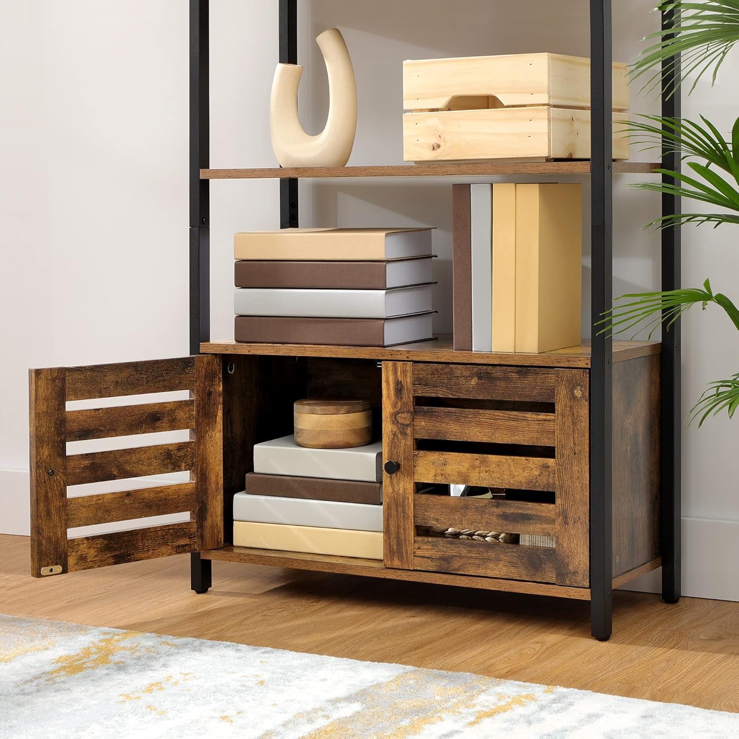 LOWELL Bookshelf, Storage Cabinet with 3 Shelves and 2 Louvered Doors, Industrial Bookcase in Living Room, Study, Bedroom, Multifunctional, Rustic Brown ULSC75BX