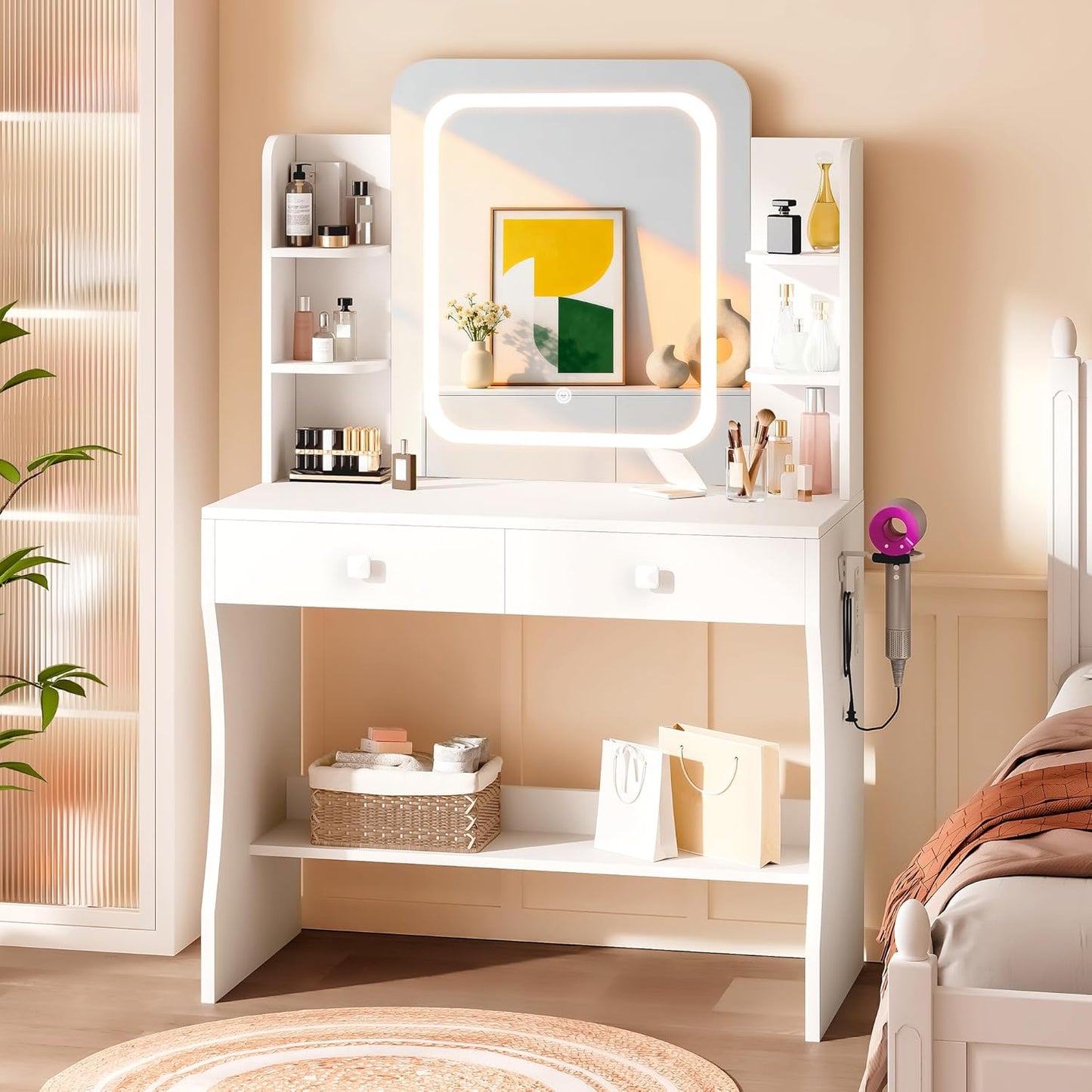 Small Makeup Vanity Desk, 29.5" W X 15.8" D X 51.2" H, White (Smart LED Mirror, Hairdryer Rack, Power-Outlet, 5 Shelves, 2 Drawers)