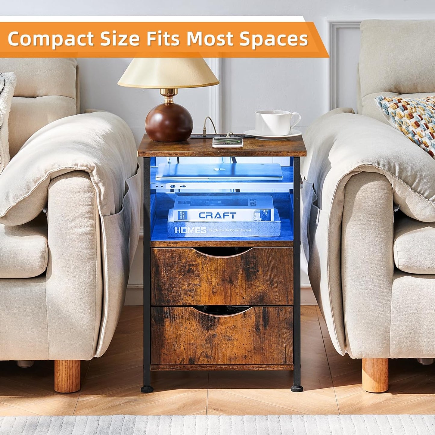 End Table with Charging Station, Narrow Side Table with 2 Drawers, Nightstand with 7 Color LED Light, Slim Bedside Table for Bedroom, Living Room, Small Spaces, Brown