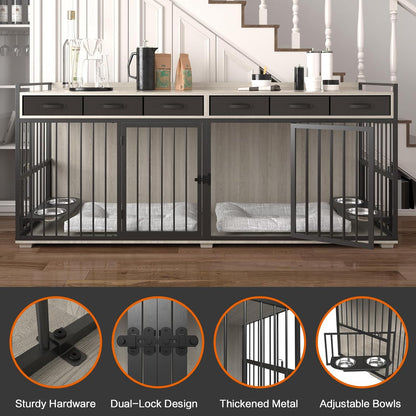 86.6Inch Dog Crate Furniture with Storage,Furniture Style TV Stand Dog Kennel for 2 Dogs,With 6 Drawers,Removable Divider&Adjustable Bowls,Heavy Duty Metal Chew-Resistant Dog Crate Furniture