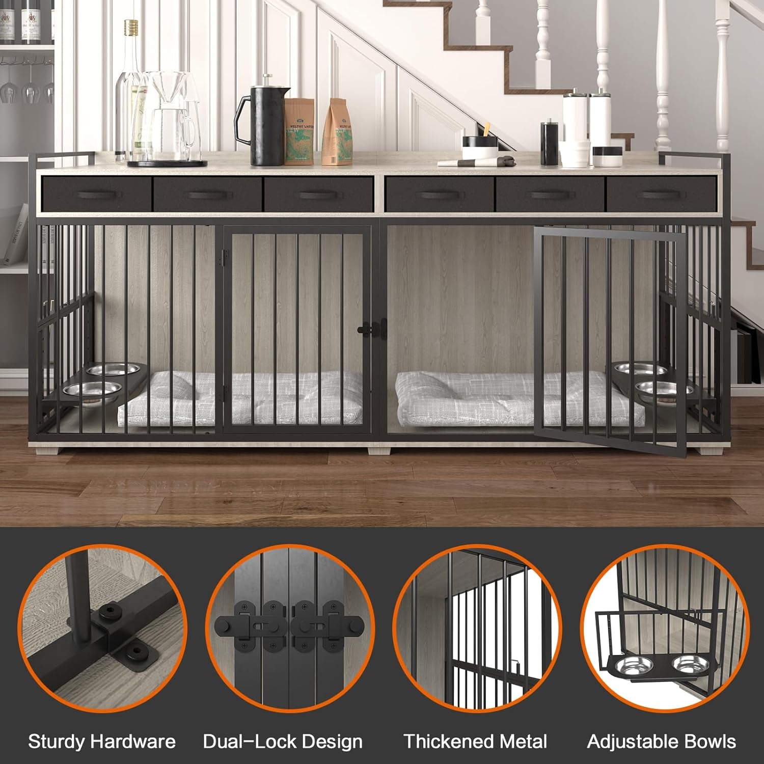 86.6Inch Large Double Dog Crate Furniture,Heavy Duty Metal Frame Dog Crate Kennel with Adjustable Feeder Bowls and Removable Divider&Drawers,Chew-Resistant Dog Kennel for 2 Dogs Indoor