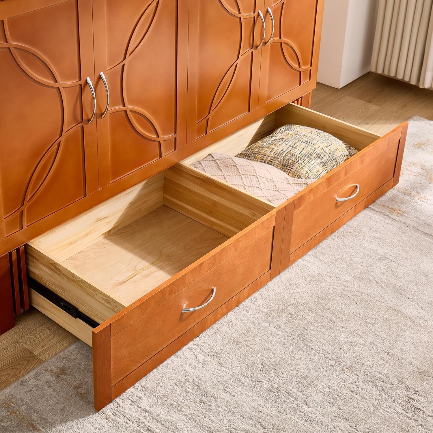 Queen Murphy Bed with Mattress Included, Murphy Bed Cabinet with Drawers and Charging Station for Small Spaces, Home Offices (Circular Pattern, Cherry)